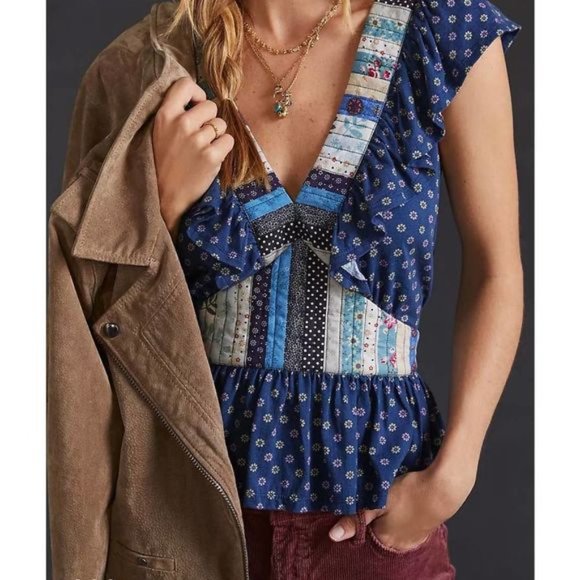 LIKE NEW Anthropologie Anthro Let Me Be Ruffled Patchwork Top Large - Picture 1 of 12